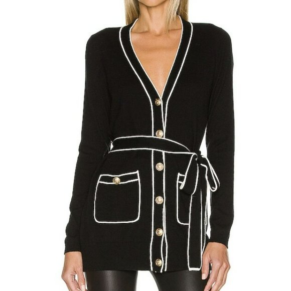 L'AGENCE Sweaters - L'AGENCE Black and White Ronny Piped Wool and Cotton Cardigan Size XS